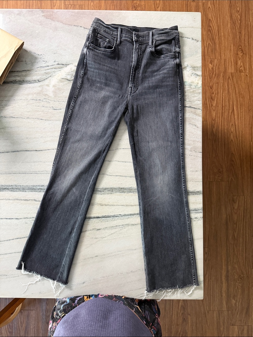 MOTHER Gray Washed High Waisted Jeans with Frayed Hem